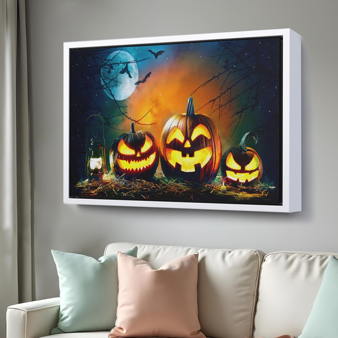 Halloween Moonlit Jack O Lantern Trio Gas Lantern Bats Spooky Night Poster - Image 3