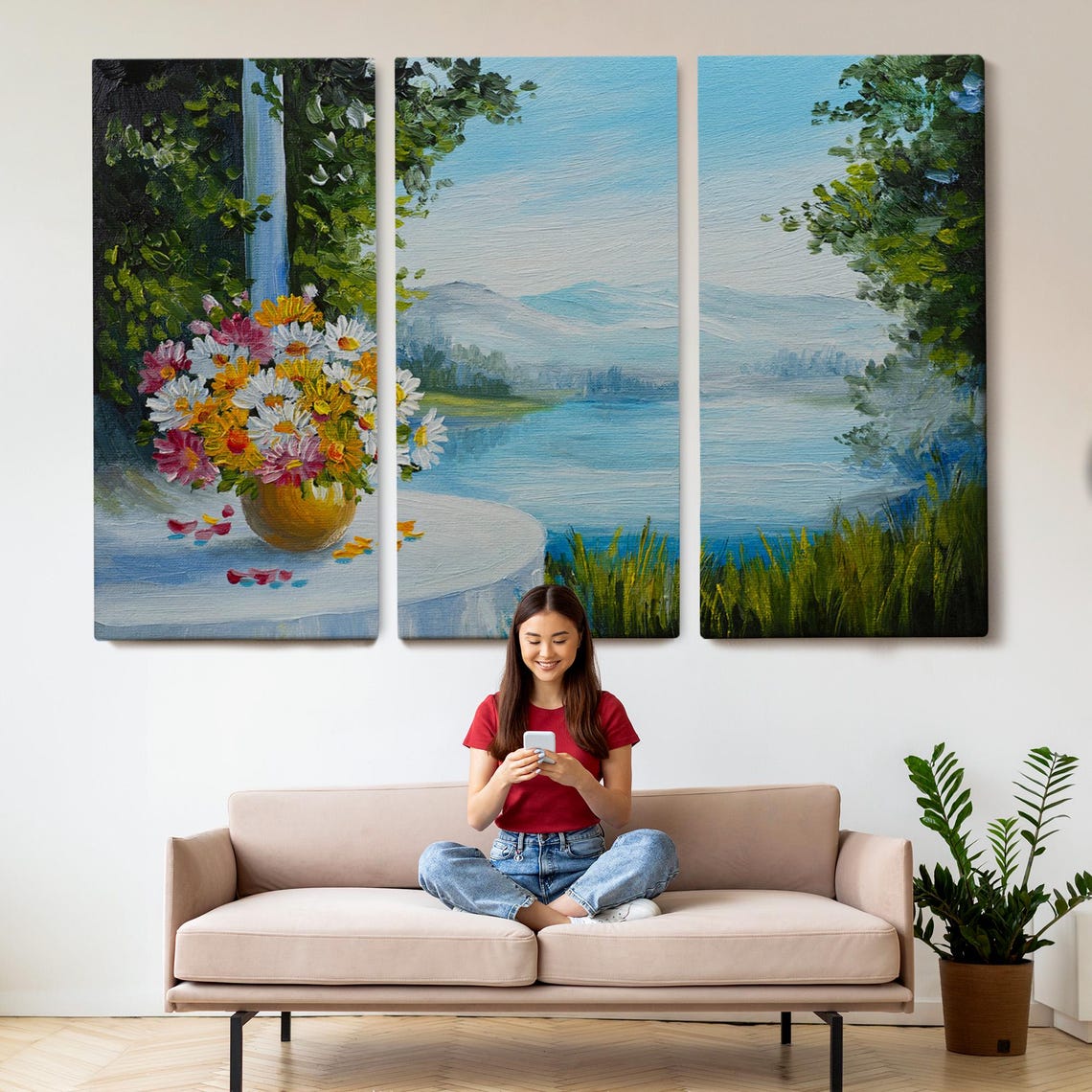 Daisy Bouquet Golden Vase Lakeside View Summer Floral Painting Poster - Image 2
