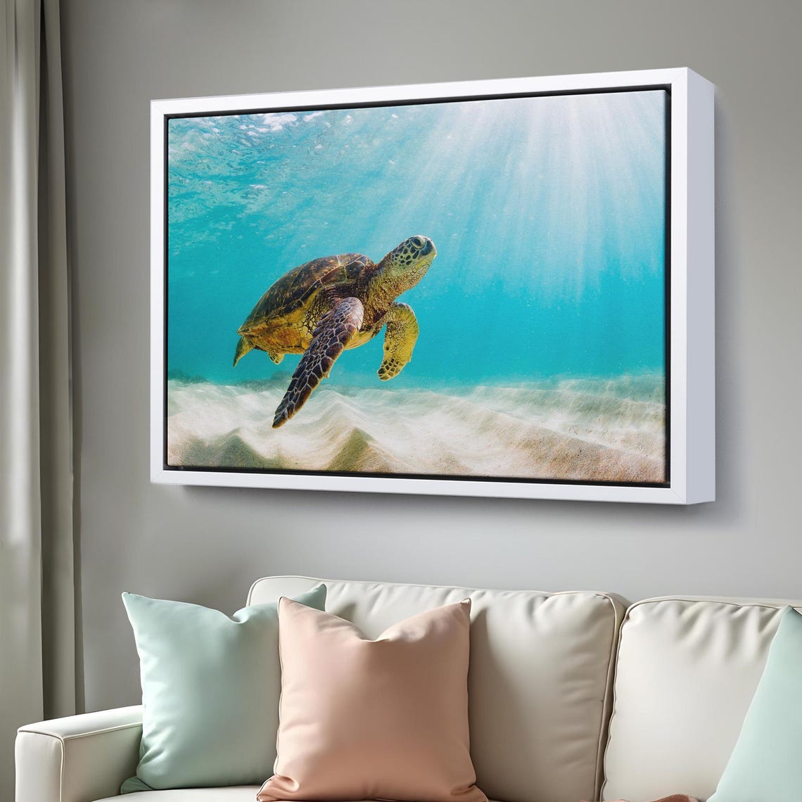 Sea Turtle Swimming Sunlit Turquoise Water Underwater Ocean Poster - Image 3