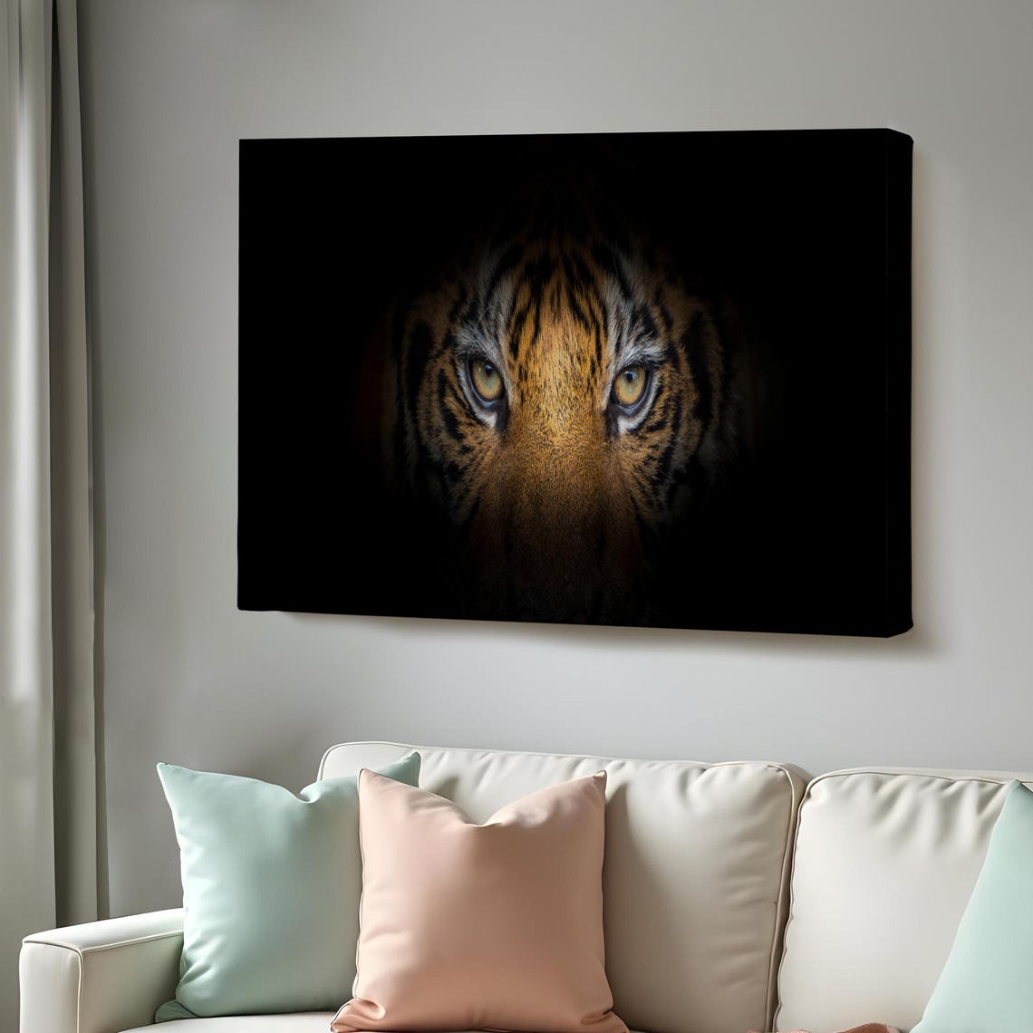 Tiger Face Emerging From Darkness Intense Yellow Eyes Photo Poster