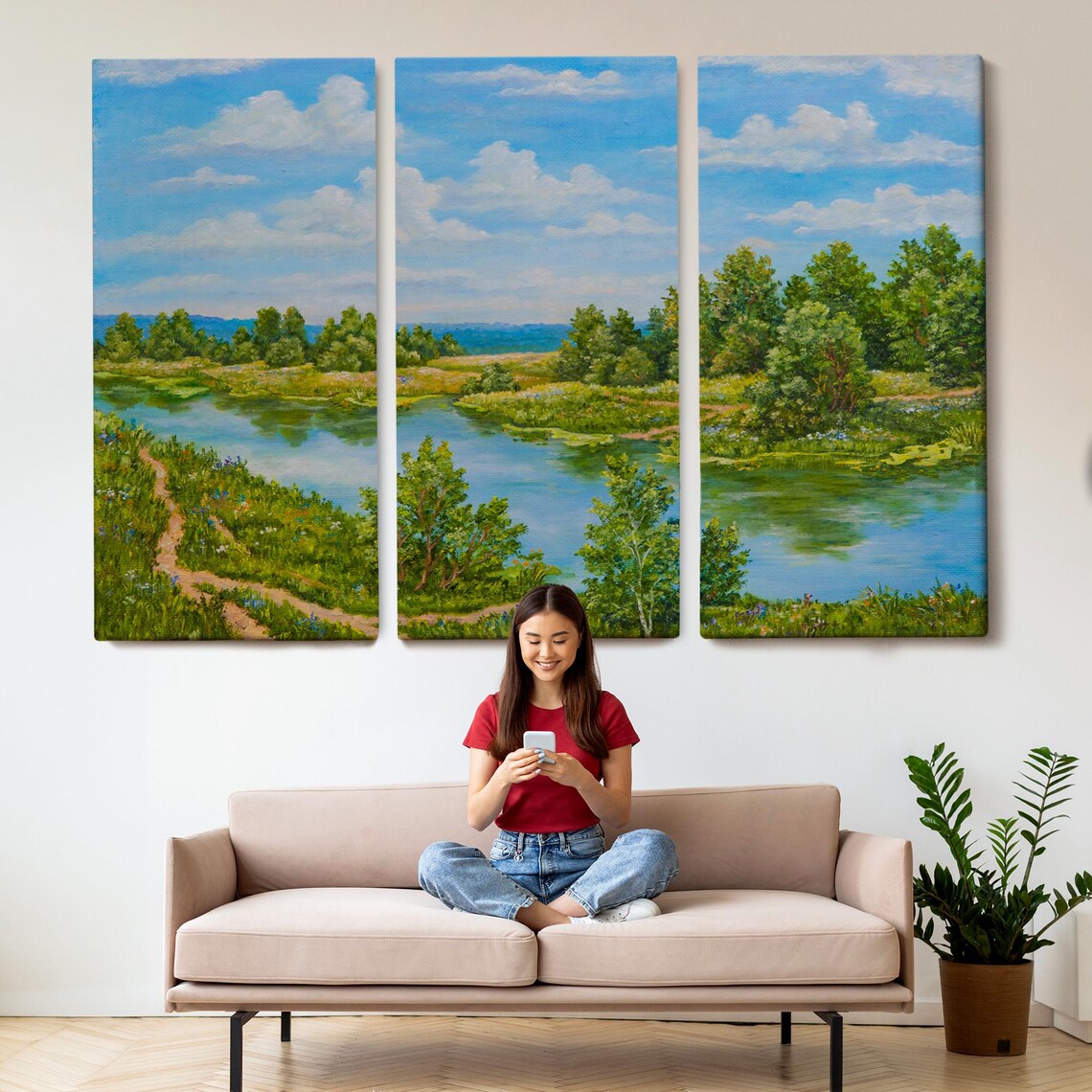 Peaceful River Winding Forest Meadow Summer Landscape Nature Poster - Image 2
