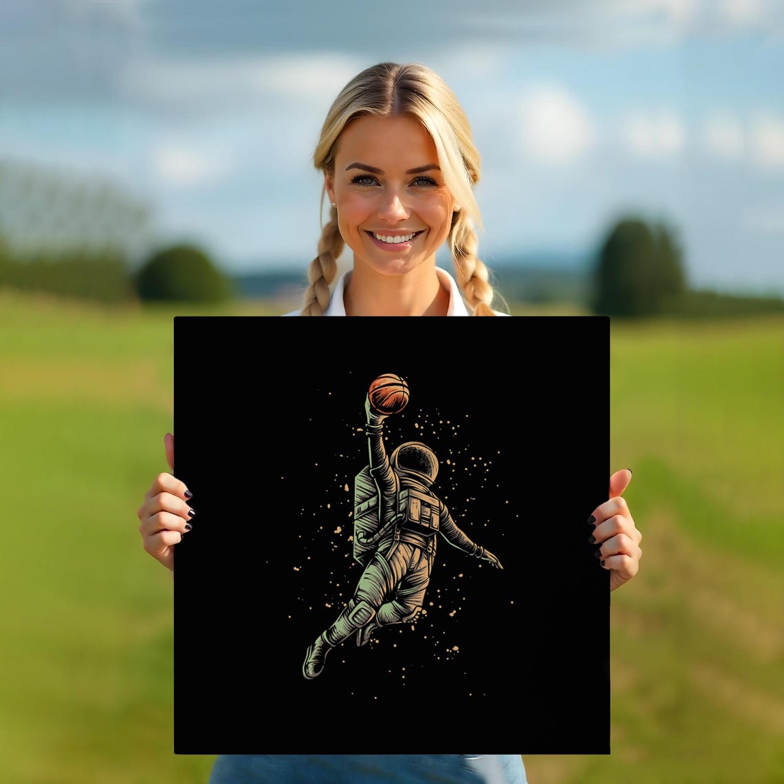 Astronaut Slam Dunking Basketball In Outer Space Black Sports Poster - Image 5