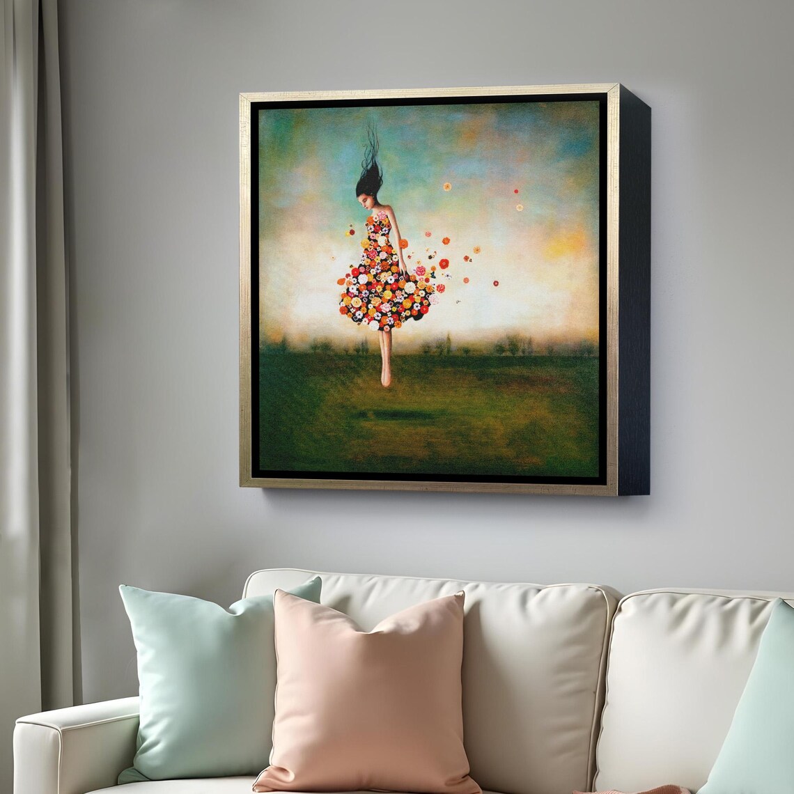 Girl In A Dress Of Flowers Whimsical Floral Portrait Meadow Wall Art - Image 4
