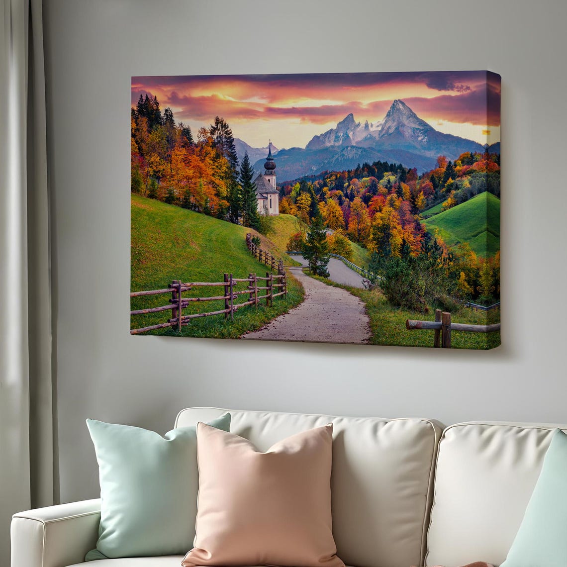 Alpine Mountain Village Church Autumn Sunset Path Scenic Travel Poster