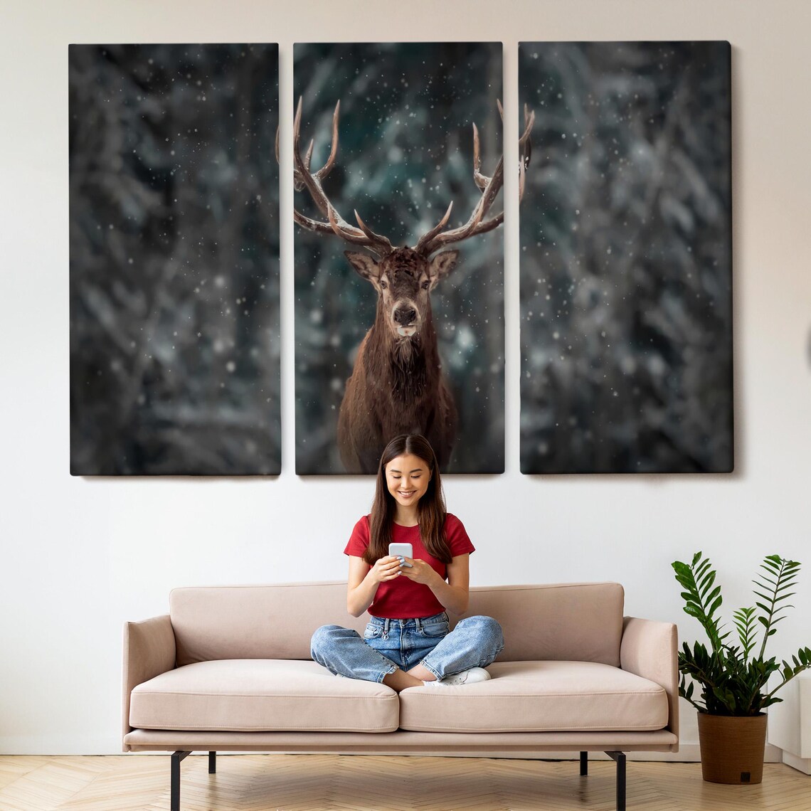 Majestic Stag in Snowy Forest Winter Wildlife Photography Poster - Image 2