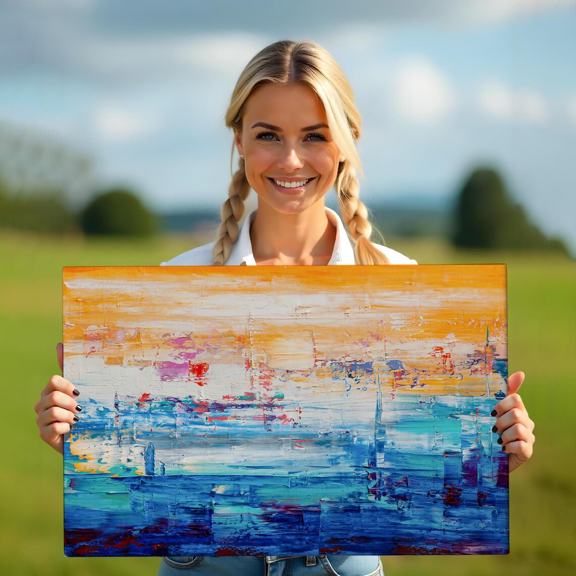 Abstract Orange Blue Seascape Oil Painting Textured Modern Art Poster - Image 5