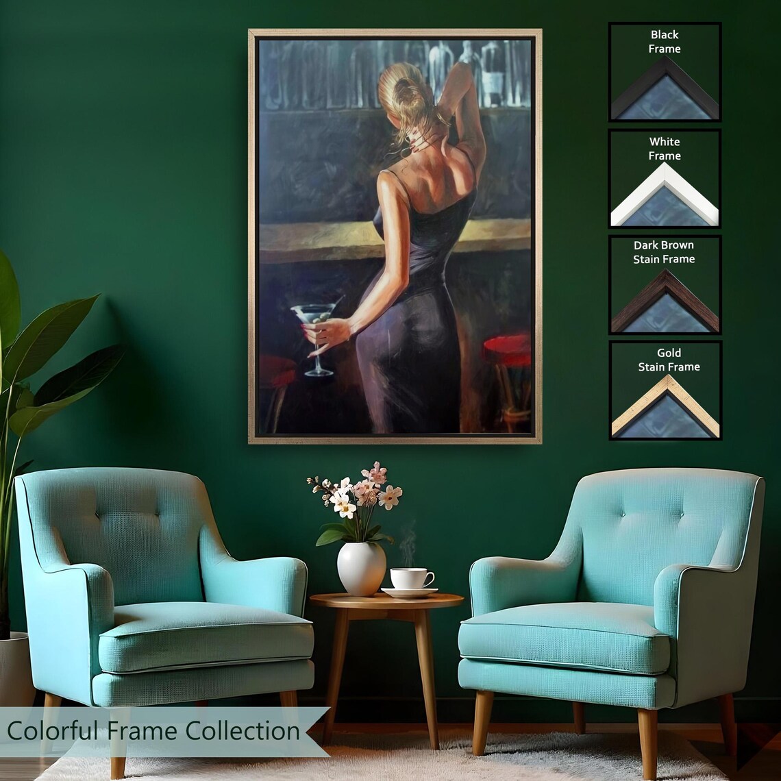 Blonde Woman at Bar Holding Martini Noir Cocktail Lounge Painting Poster - Image 2
