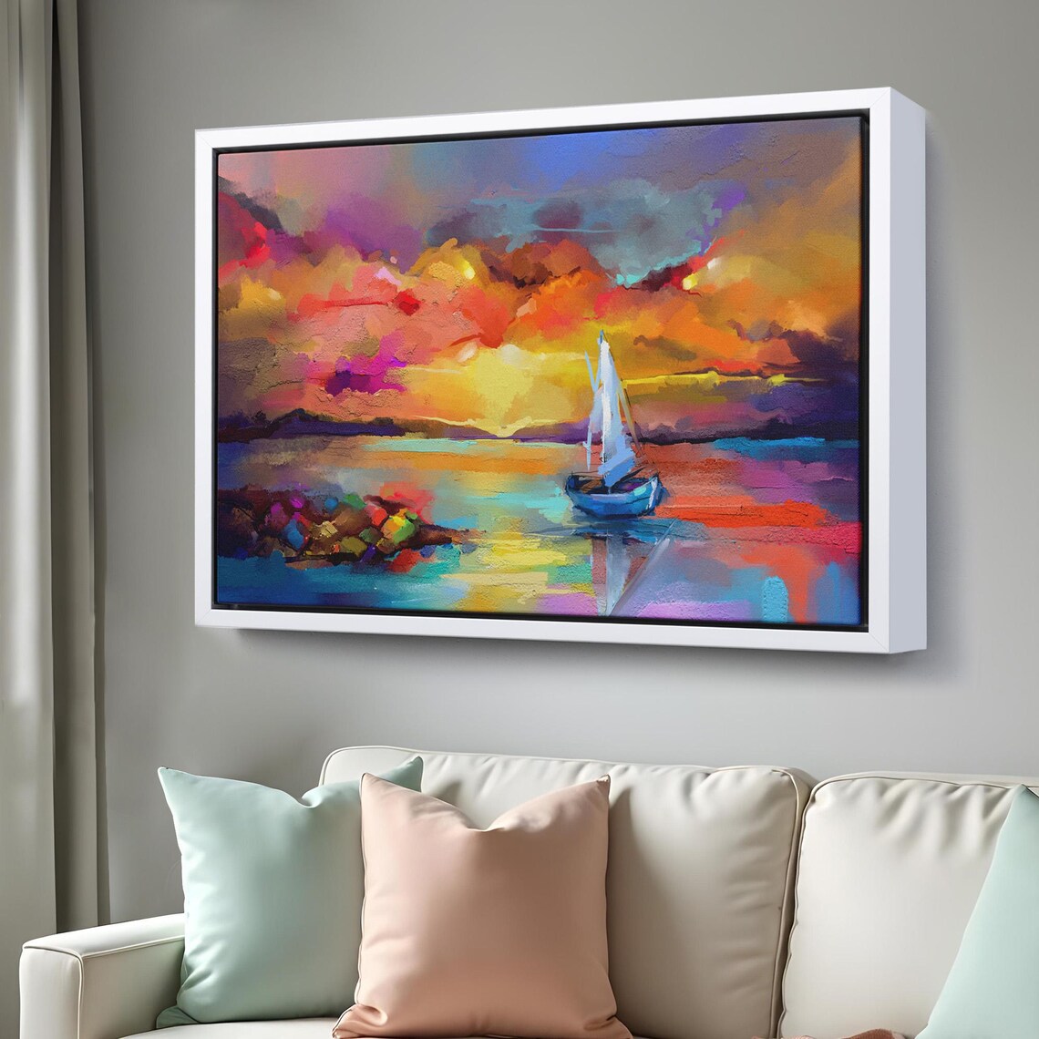 Vibrant Sunset Sailboat Seascape Oil Painting Colorful Ocean Poster - Image 3