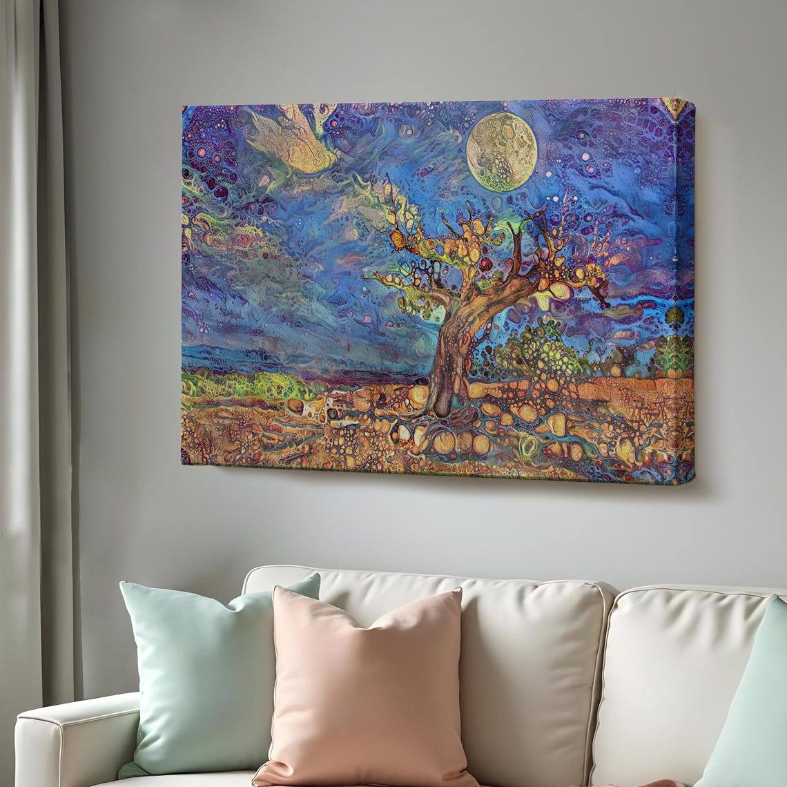 Magical Old Tree Full Moon Night Blue Gold Fluid Art Wall Poster