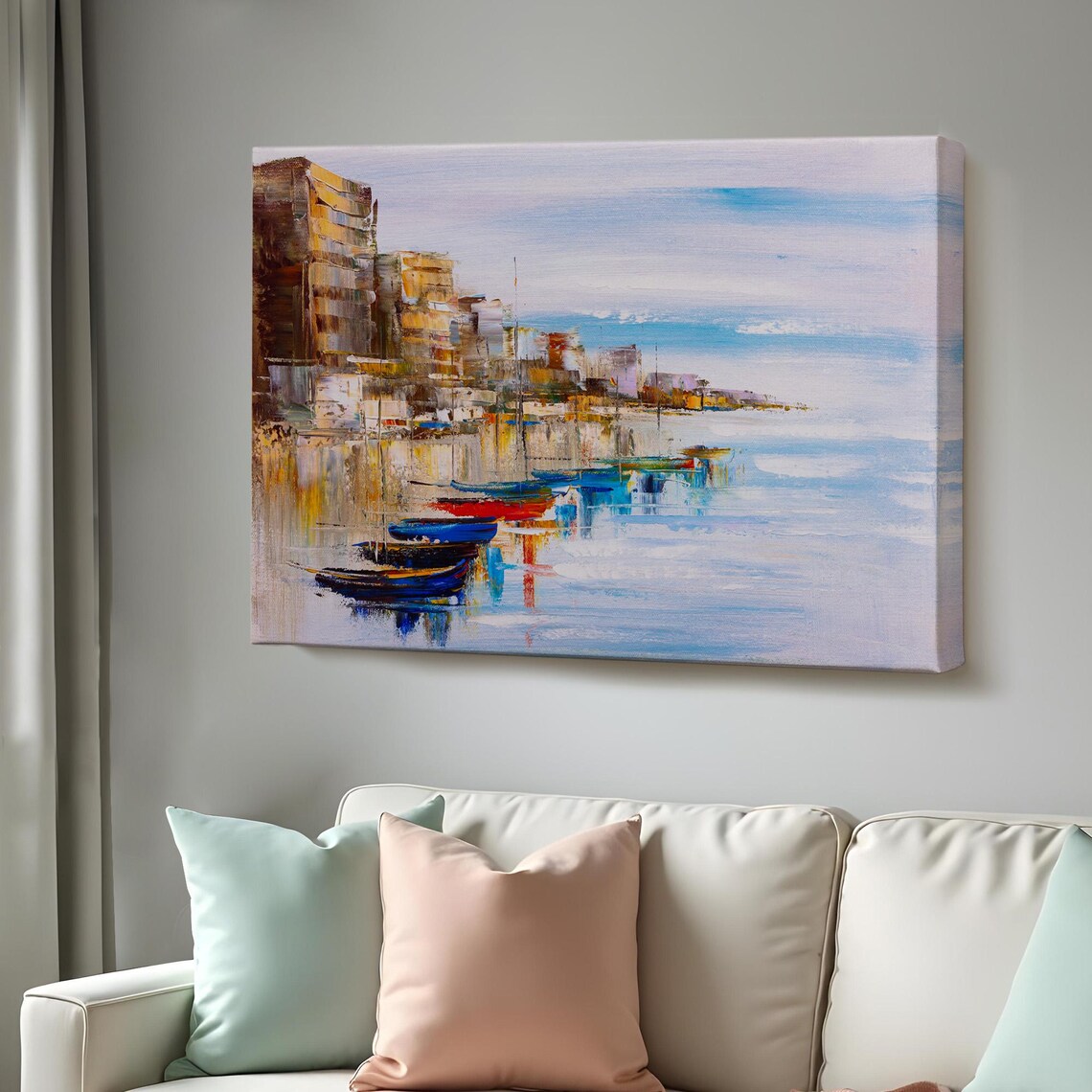 Harbor Boats Colorful Fishing Boats Calm Water Seaside View Poster