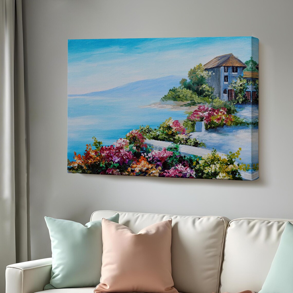 Seaside Villa Vibrant Flower Garden Blue Ocean Coastal Painting Poster