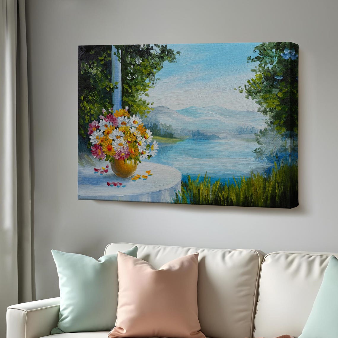 Daisy Bouquet Golden Vase Lakeside View Summer Floral Painting Poster