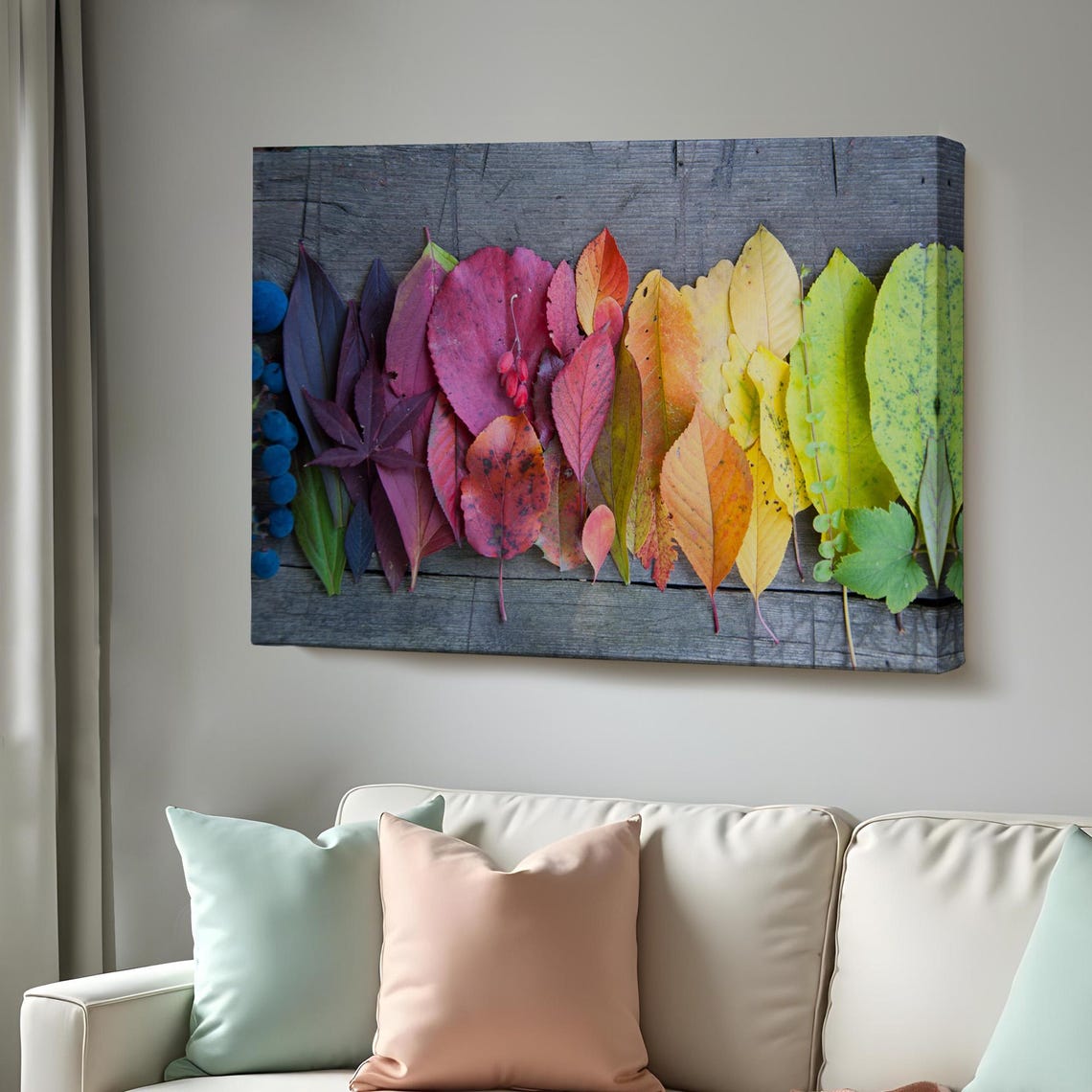 Rainbow Autumn Leaves Gradient Arrangement Rustic Wood Photo Poster