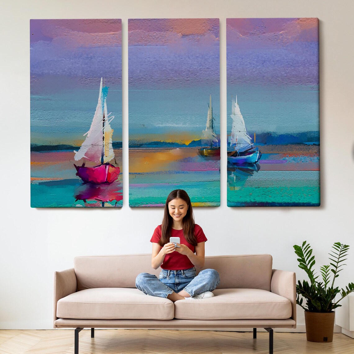 Turquoise Sunset Sailboats Ocean Calm Waters Oil Painting Poster - Image 2