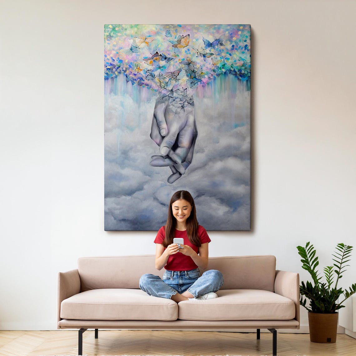 Surreal Hand Releasing Butterflies Dreamy Clouds Pastel Art Poster - Image 3