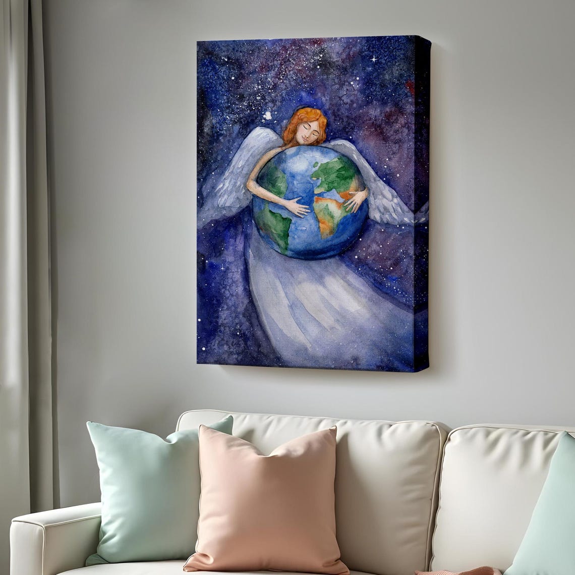 Angel Embracing Planet Earth In Starry Night Sky Watercolor Wall Art