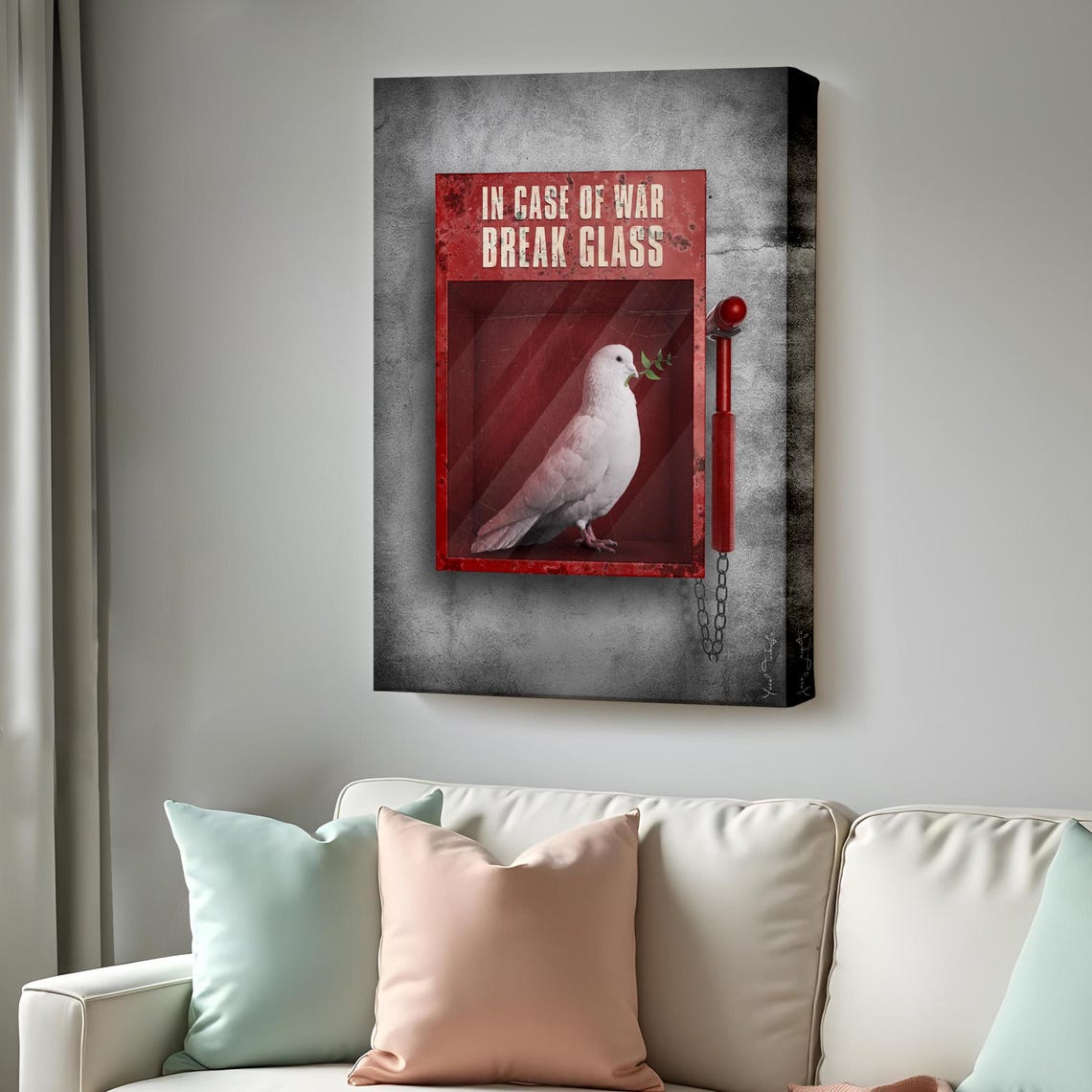 In Case of War Break Glass Dove Peace Emergency Box Satirical Wall Art