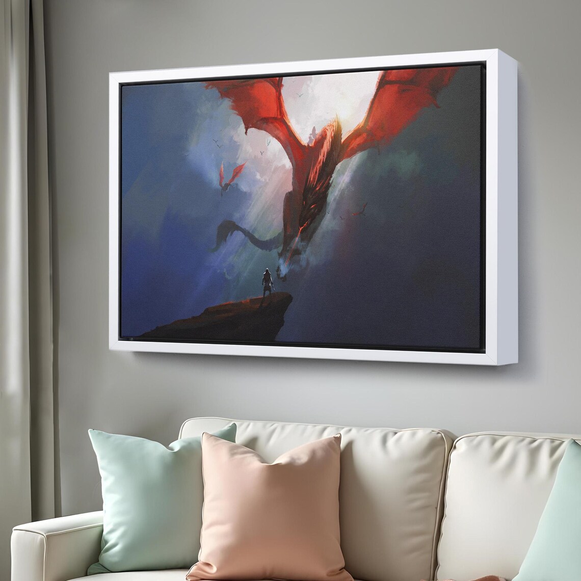 Red Dragon Soaring Above Warrior Cliff Epic Fantasy Sky Canvas Wall Art - Image 3