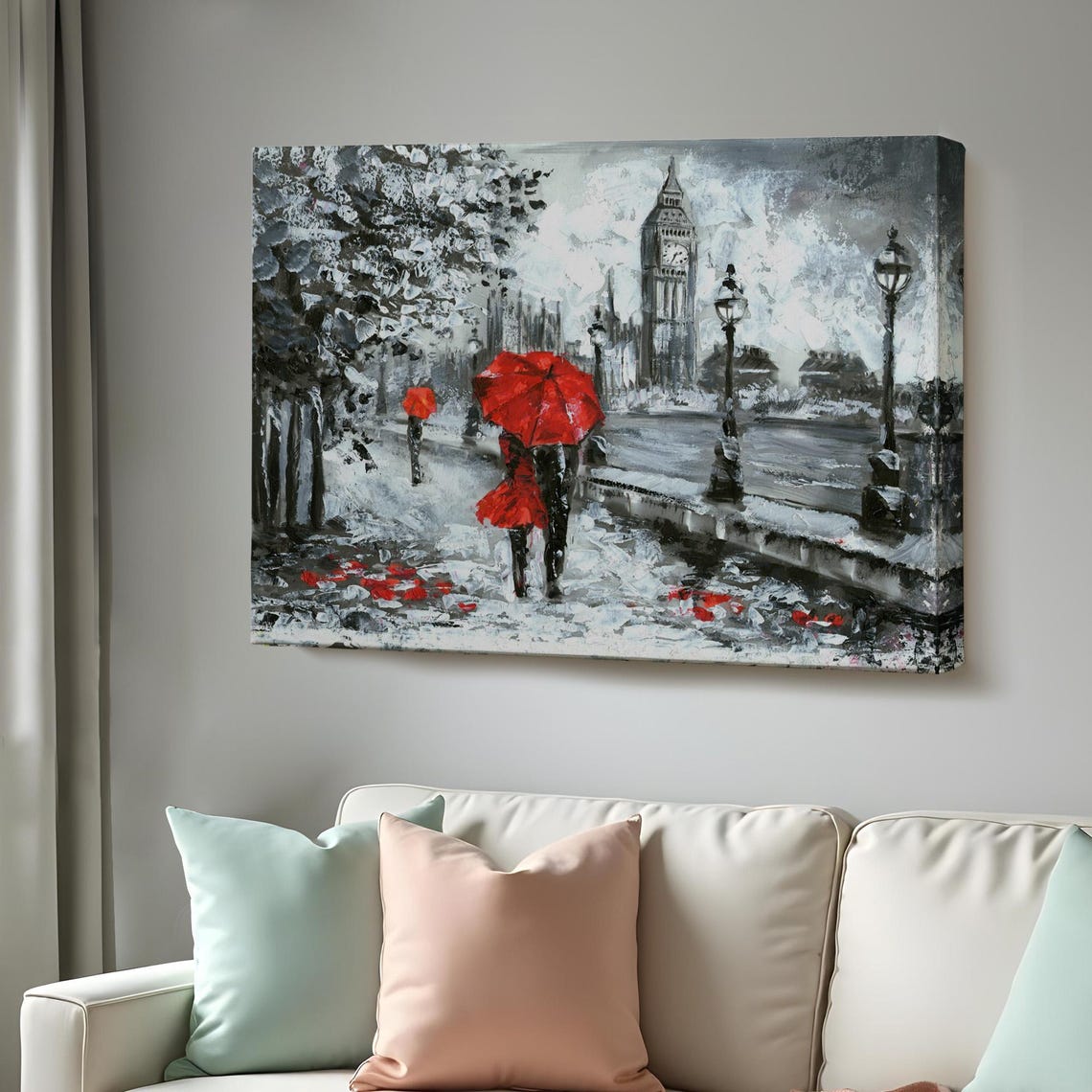 London Big Ben Red Umbrella Rainy Street Black White Red Art Poster