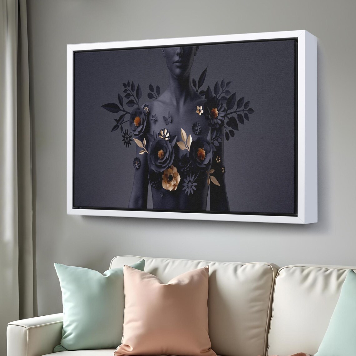 Surreal Black Woman Bust Dark Floral Beauty Gold Flowers Modern Wall Art - Image 3