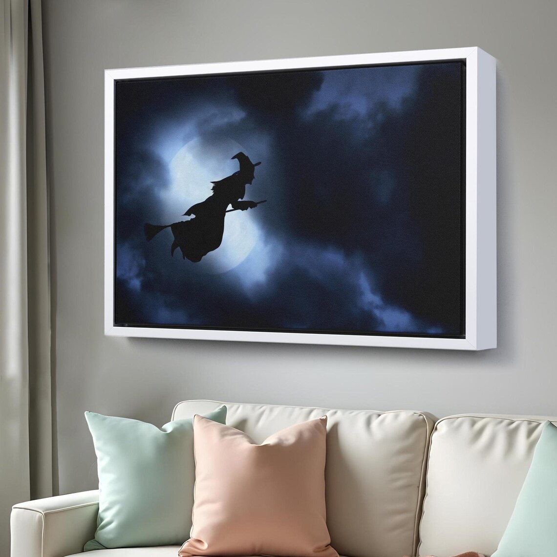 Halloween Witch Silhouette Flying Broom Full Moon Cloudy Night Sky Wall Poster - Image 3
