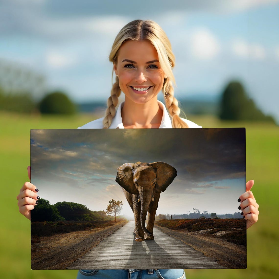 Elephant Walking Down Dirt Road Toward Camera Dramatic Sky Poster - Image 5