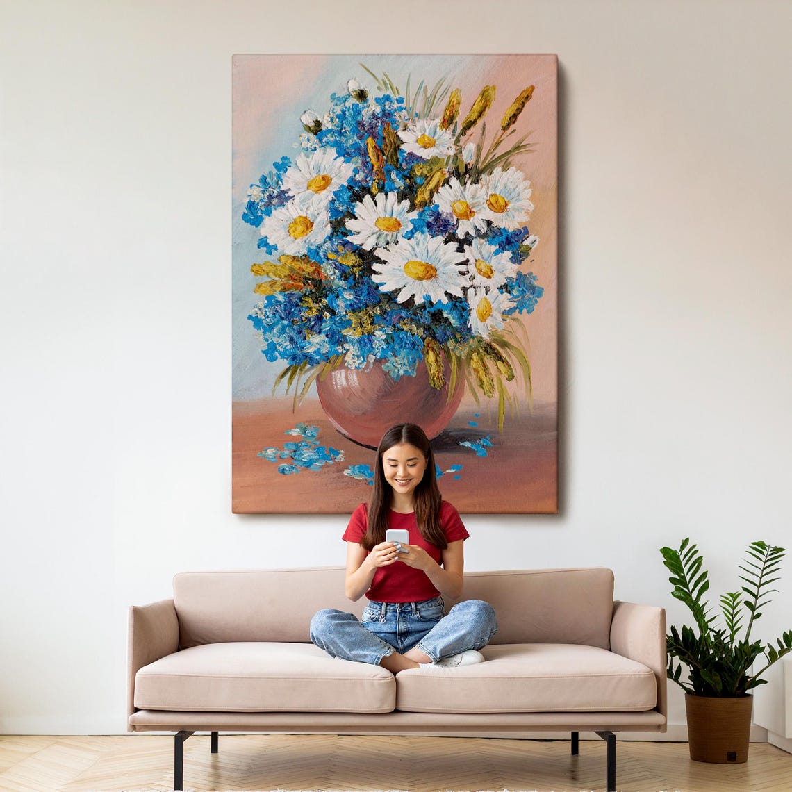 White Daisies Blue Cornflowers Terracotta Vase Still Life Art Poster - Image 3