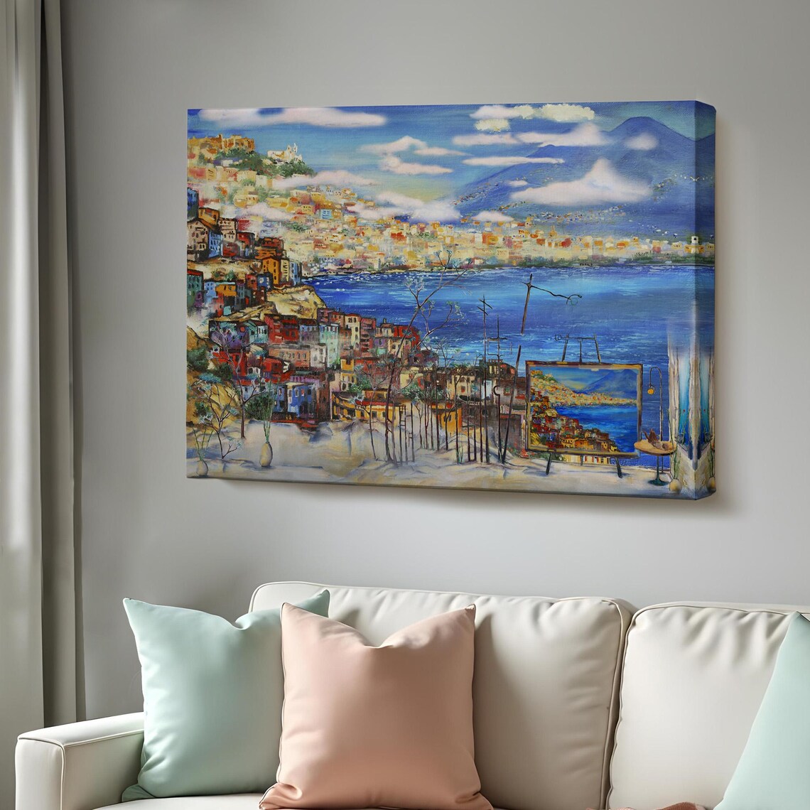 Naples Bay Vesuvius Volcano Colorful Hillside Town Oil Painting Poster