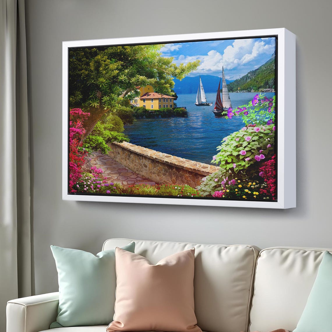 Lakeside Villa Terrace Flower Path Sailboats Mountain View Poster - Image 3