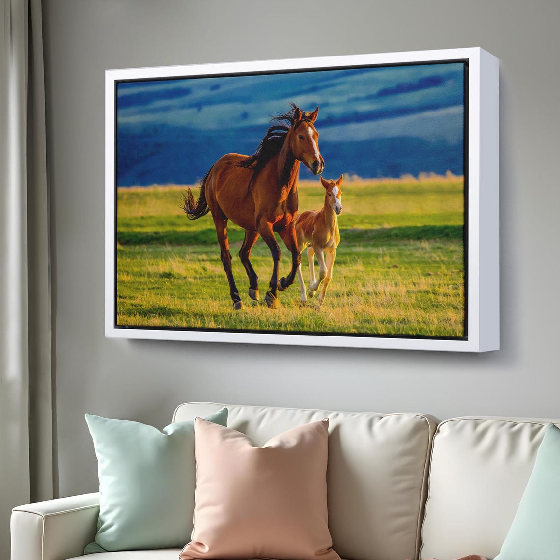 Chestnut Mare And Foal Running Green Pasture Sunset Horse Wall Art - Image 3