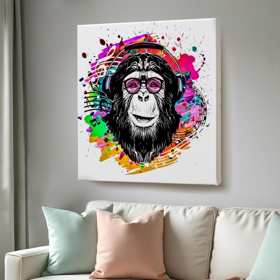 DJ Monkey With Headphones Colorful Music Notes Pop Art Animal Poster