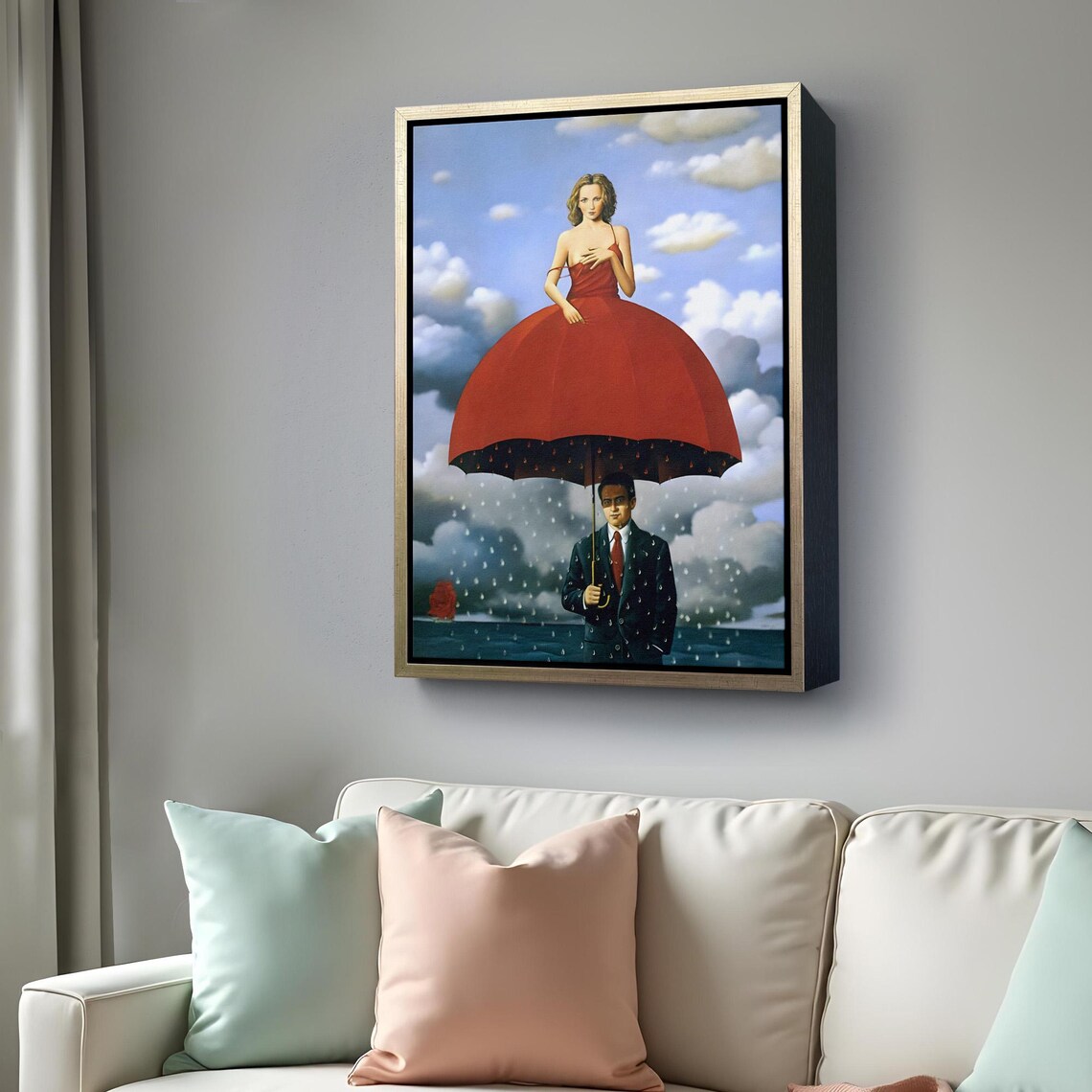 Surreal Woman Umbrella Dress Businessman Rain Dreamlike Canvas Wall Art - Image 4
