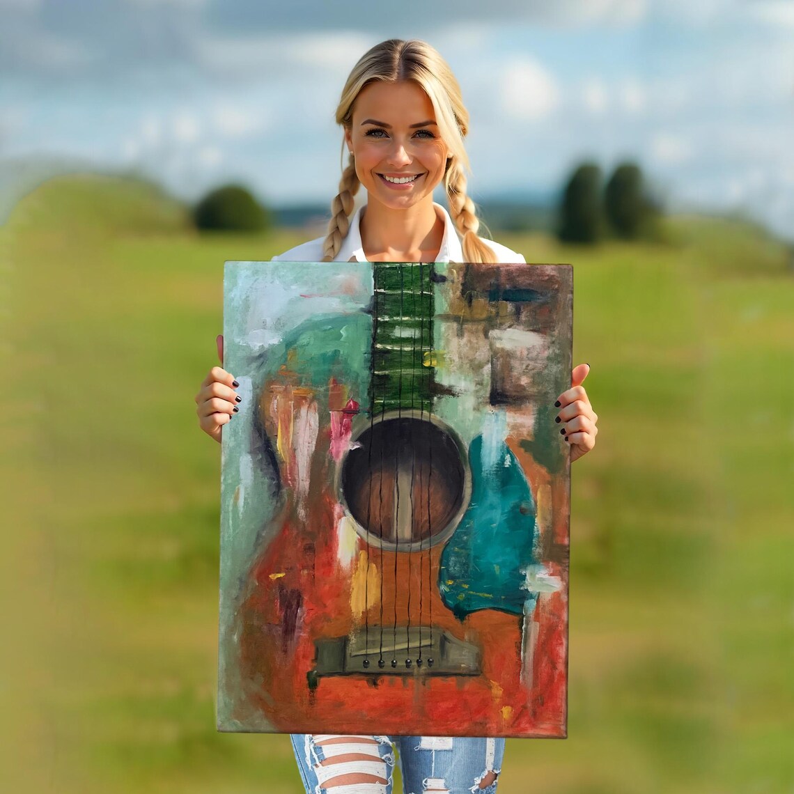 Abstract Acoustic Guitar Oil Painting Style Colorful Decorative Wall Art Poster - Image 5