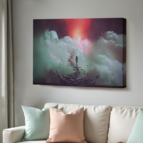Young Woman Standing On Broken Ladder To The Sky Art Framed Wall Art Surreal Modern Wall Decor Large Wall Art
