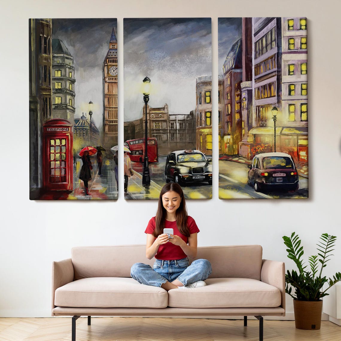 London Night Big Ben Red Phone Booth Rainy Street City Lights Poster - Image 2