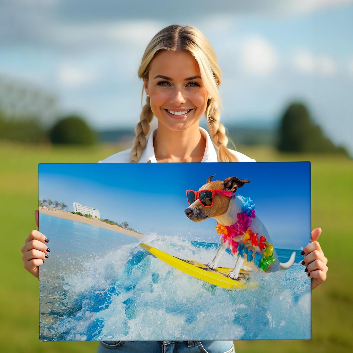 Surfing Dog Beach Waves Funny Sunglasses Lei Photography Wall Art - Image 5