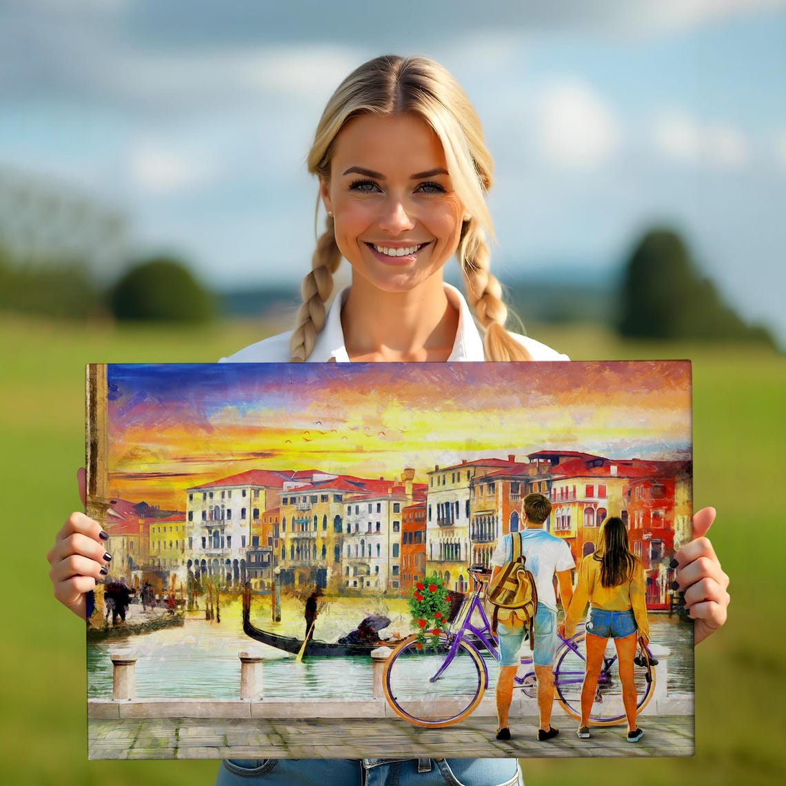 Romantic Venice Canal Sunset Couple With Bike Gondolas Italy Poster - Image 5