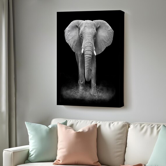 African Elephant Black and White Front Portrait Dramatic Wildlife Wall Poster