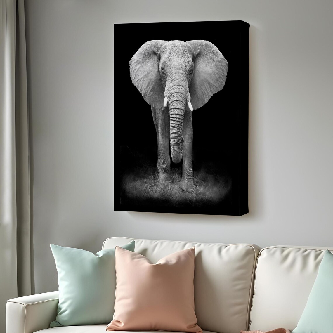 African Elephant Black and White Front Portrait Dramatic Wildlife Wall Poster