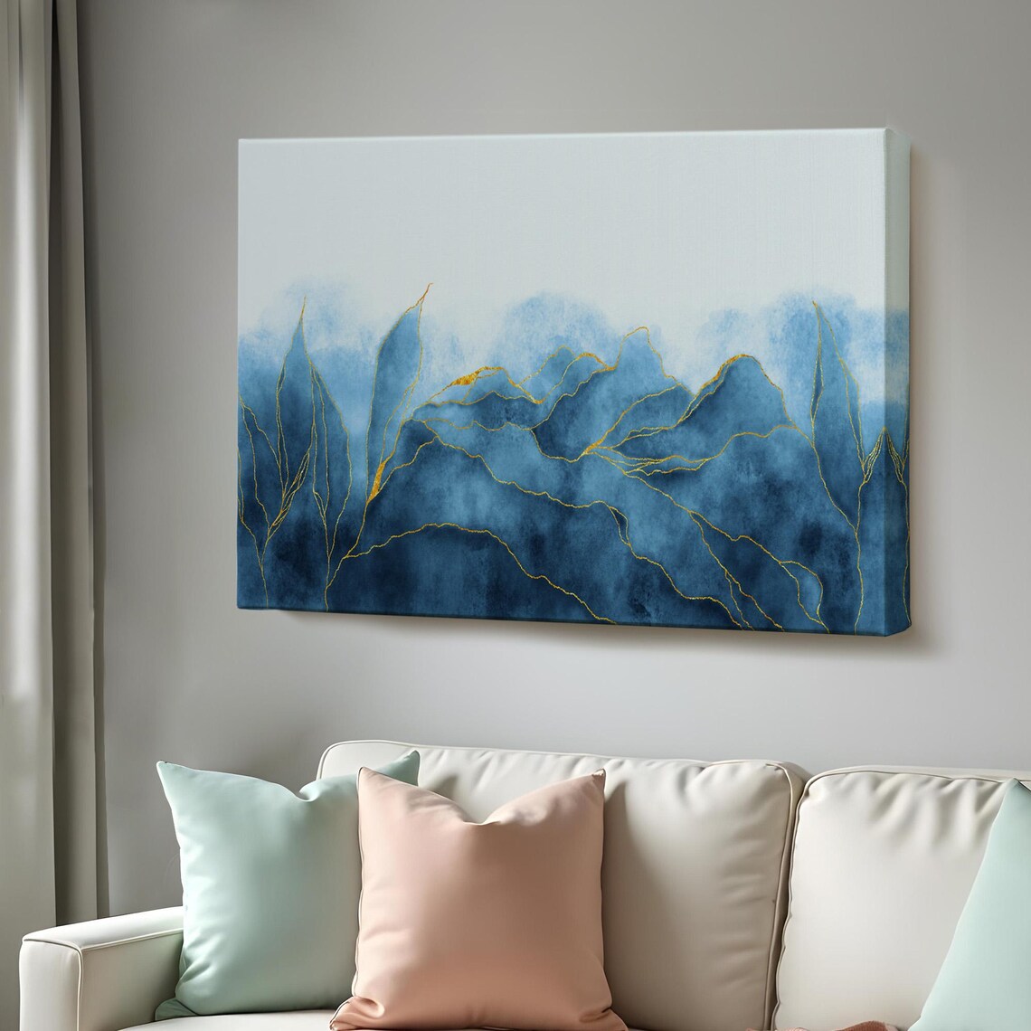 Abstract Blue Marble Stone Textured Art, Gold Veins