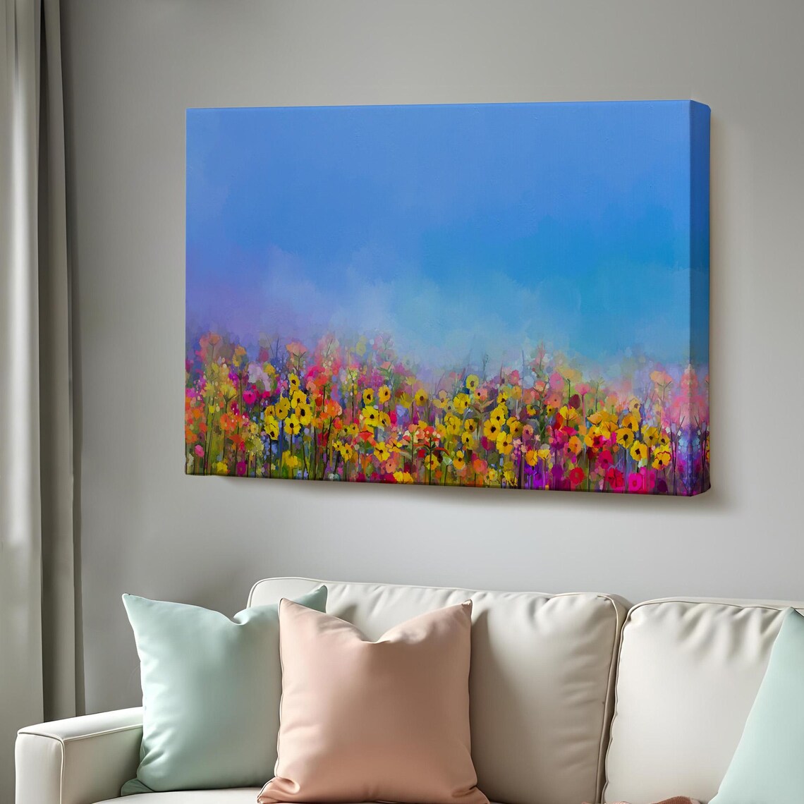 Colorful Wildflower Meadow Blue Sky Impressionist Floral Art Poster
