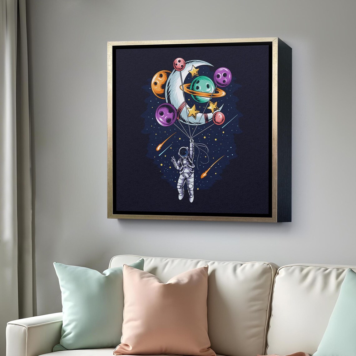 Astronaut Holding Planet Balloons Whimsical Space Moon Stars Canvas Poster - Image 4