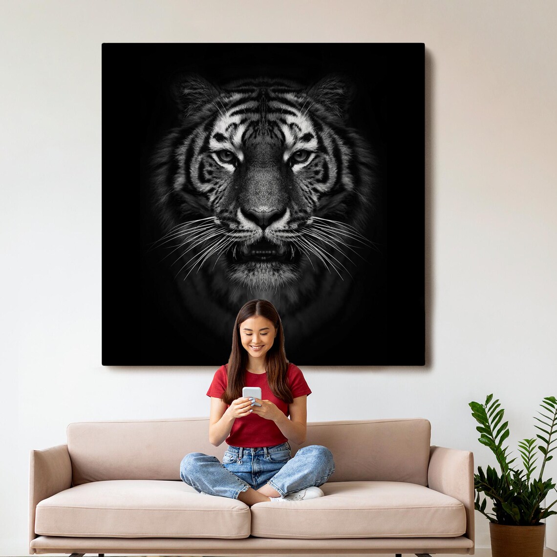 Dramatic Black And White Tiger Face Portrait Dark Background Wildlife Wall Poster - Image 3