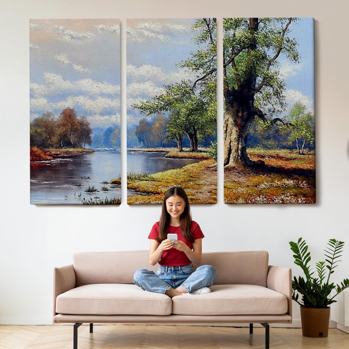 Riverbank Oak Tree Calm Water Autumn Meadow Landscape Poster - Image 2