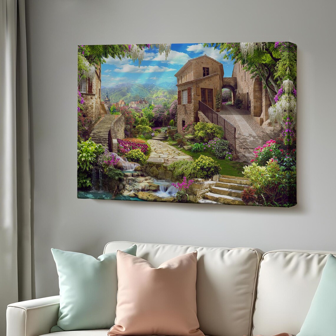 Stone Village Waterfall Flower Gardens Mountain View Europe Poster