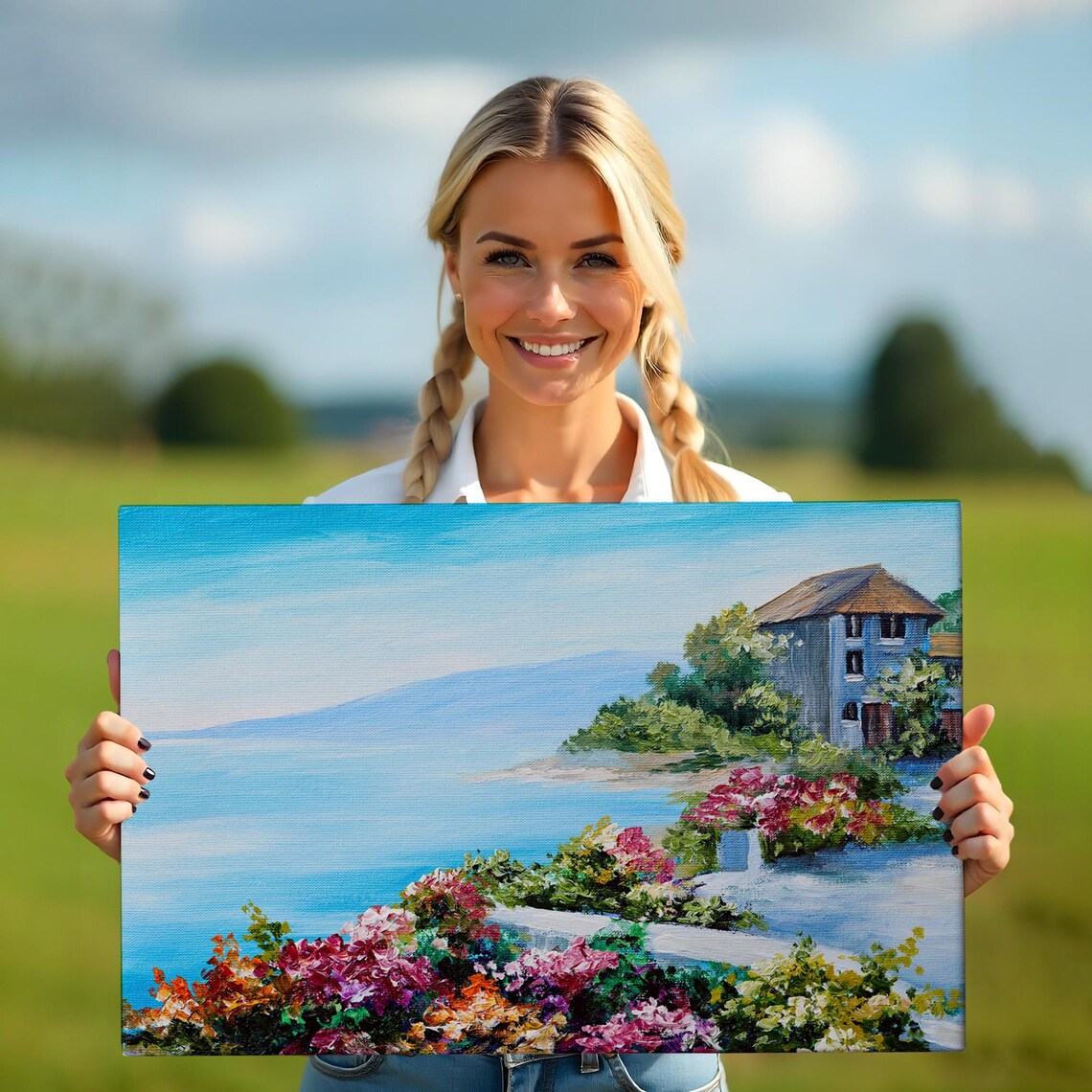 Seaside Villa Vibrant Flower Garden Blue Ocean Coastal Painting Poster - Image 5