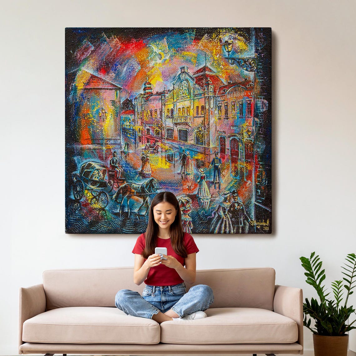Vibrant Old Town Street Night Carriages Lamplit City Painting Wall Art - Image 3