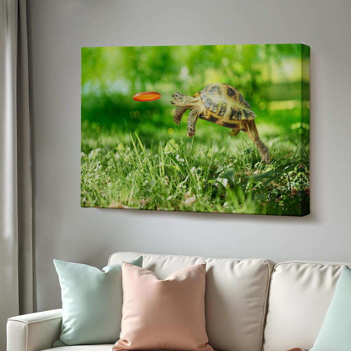 Funny Tortoise Jumping To Catch Orange Frisbee Green Grass Photo Poster