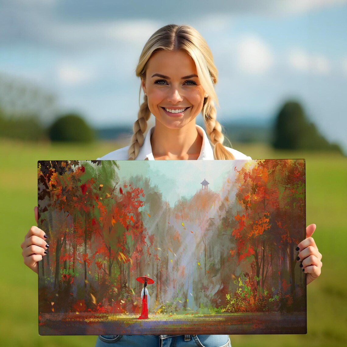 Japanese Woman Red Kimono Autumn Forest Sunlight Pagoda Art Poster - Image 5
