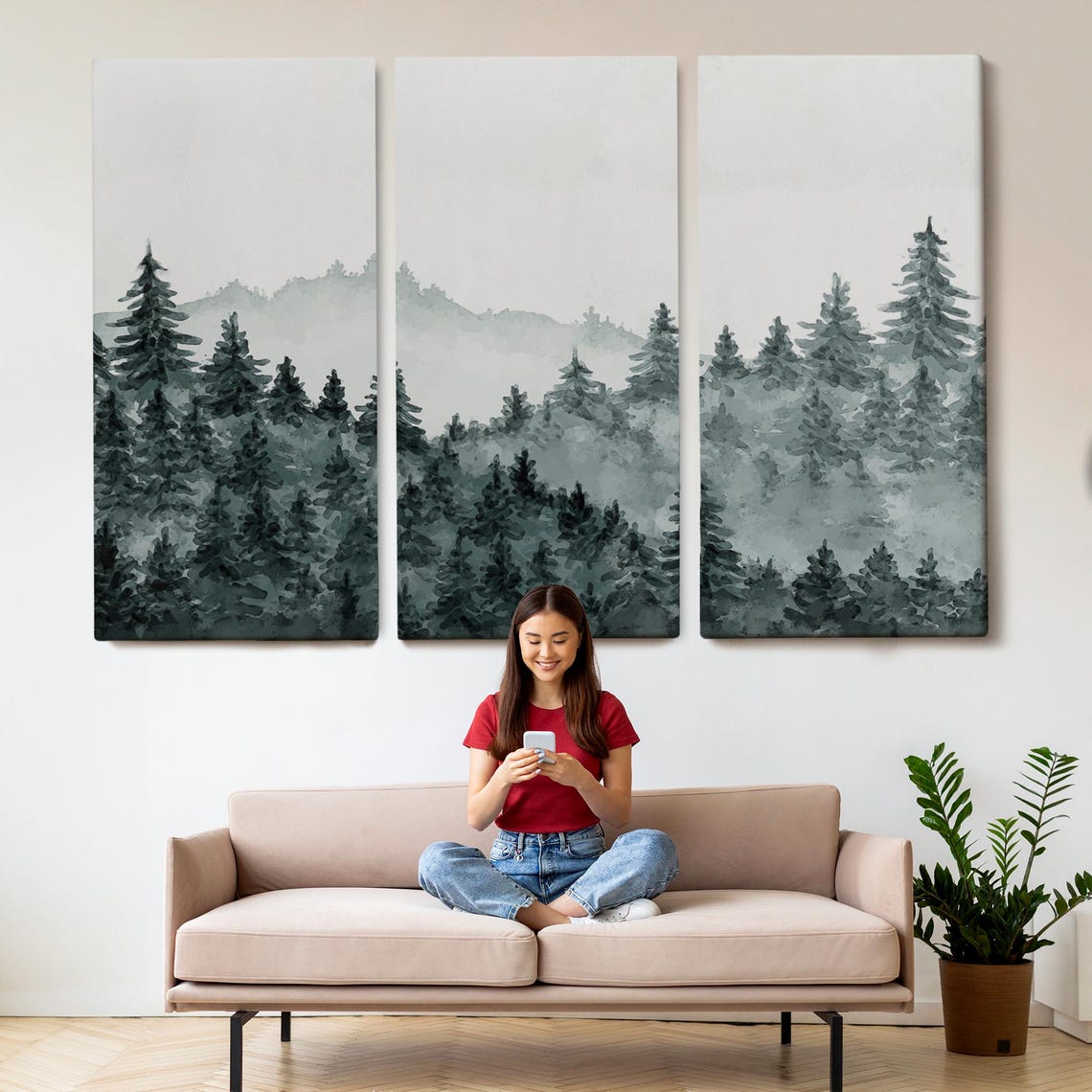Misty Pine Forest Watercolor Landscape Minimal Gray Nature Poster - Image 2